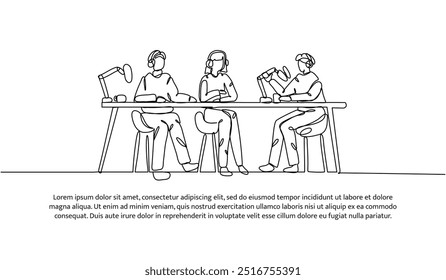 Diseño continuo de una línea de podcast con una pareja. Ilustración vectorial de estilo minimalista sobre fondo blanco.