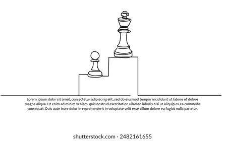 Continuous one line design of progress from pawn to king in chess.Minimalist style vector illustration on white background.