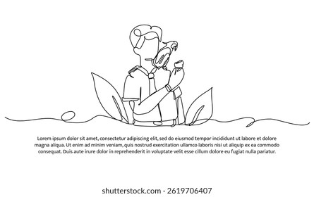 El diseño continuo de una línea del guardabosques da comida al pájaro. Ilustración vectorial de estilo minimalista sobre fondo blanco.