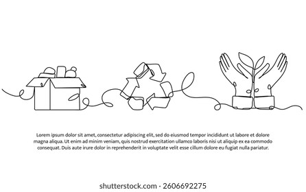 Continuous one line design of recycling process. Minimalist style vector illustration on white background.
