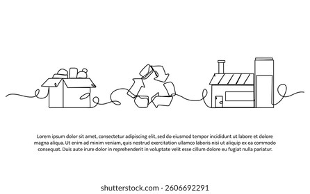 Continuous one line design of recycling process. Minimalist style vector illustration on white background.