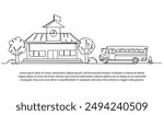 Continuous one line design of school building facade and school bus. Minimalist style vector illustration on white background.