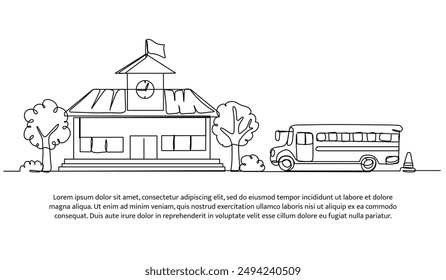 Continuous one line design of school building facade and school bus. Minimalist style vector illustration on white background.