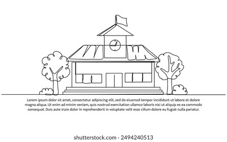 Continuous one line design of school building. Minimalist style vector illustration on white background.