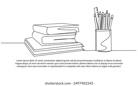 Continuous one line design of school equipment. Minimalist style vector illustration on white background.
