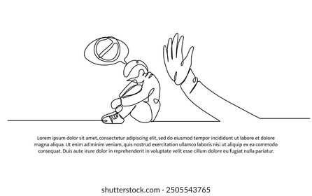 Continuous one line design of  self anxlety in bullying. Minimalist style vector illustration on white background.