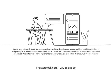Projeto contínuo de uma linha de um administrador de mídia social. Ilustração de vetor de estilo minimalista em fundo branco.