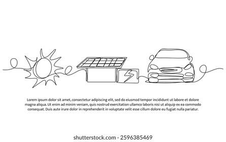 Continuous one line design of solar energy for electric car. Minimalist style vector illustration on white background.