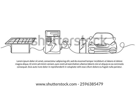 Continuous one line design of solar power and electric vehicle charging. Minimalist style vector illustration on white background.