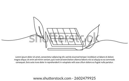 Continuous one line design of solar panel with green leaves. Minimalist style vector illustration on white background.