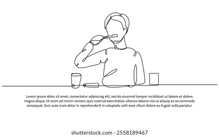 Continuous one line design of someone is brushing their teeth. Minimalist style vector illustration on white background.