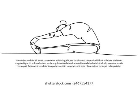 Continuous one line design of stretching the legs.  Minimalist style vector illustration on white background.