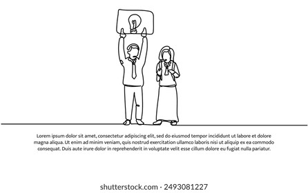 Continuous one line design of students sharing ideas. Minimalist style vector illustration on white background.
