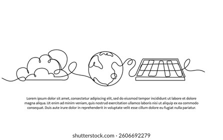 Continuous one line design of sun, earth, and solar panel. Minimalist style vector illustration on white background.