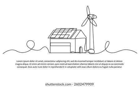 Continuous one line design of sustainable energy solutions. Minimalist style vector illustration on white background.