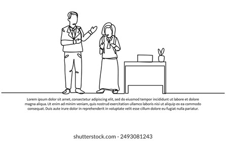 Continuous one line design of the teacher advises students who are late. Minimalist style vector illustration on white background.