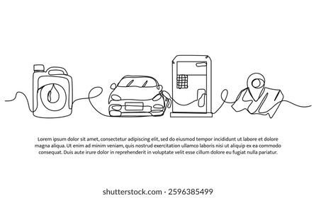 Continuous one line design of transportation for fuel and navigation. Minimalist style vector illustration on white background.