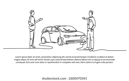 Continuous one line design of two men discussing a car. Minimalist style vector illustration on white background.