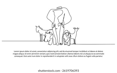 Kontinuierliches Einzeilendesign von verschiedenen Tieren. Minimalistische Vektorgrafik auf weißem Hintergrund.
