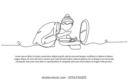 Continuous one line design of a woman is washing her face in the sink. Minimalist style vector illustration on white background.