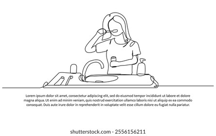 Continuous one line design of a woman brushing her teeth in the sink. Minimalist style vector illustration on white background.