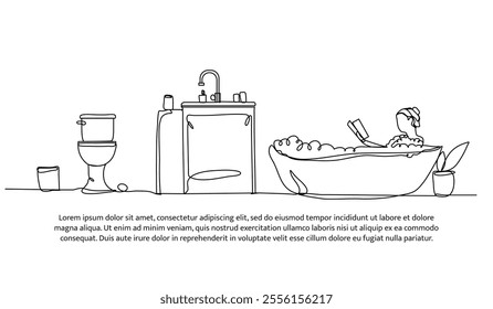 Continuous one line design of a woman is soaking in the bathtub while reading a book. Minimalist style vector illustration on white background.