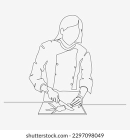 Continuous one line design of young woman cutting carrots. Cute cooking art character. Minimalist style vector illustration on white background.