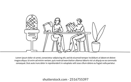 Continuous one line design of a young man and woman podcast. Minimalist style vector illustration on white background.