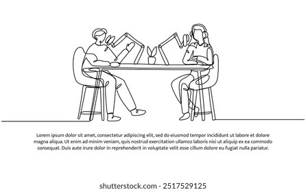 Continuous one line design of a young man and woman podcast. Minimalist style vector illustration on white background.