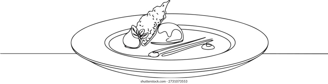 Continua una línea de un plato de postre con guarnición, que representa la presentación de la cena fina, Ilustración vectorial dibujada.