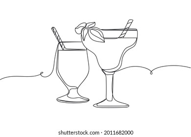 Continuous one line of detox juice or smoothie in silhouette on a white background. Linear stylized.Minimalist.