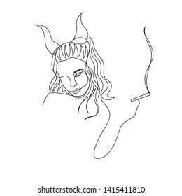 Continuous one line devil woman with horns smoke cigarette. Art