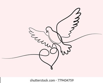 Continuous one line different width drawing. Flying pigeon with heart Valentine Day logo. Black and white vector illustration. Concept for logo, card, banner, poster, flyer