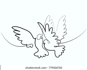 Continuous one line different width drawing. Flying two pigeons Valentine Day logo. Black and white vector illustration. Concept for logo, card, banner, poster, flyer