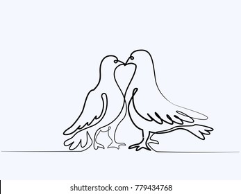Continuous one line different width drawing. Two pigeons Valentine Day logo. Black and white vector illustration. Concept for logo, card, banner, poster, flyer
