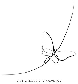 Continuous One Line Different Width Drawing. Flying Butterfly Logo. Black And White Vector Illustration. Concept For Logo, Card, Banner, Poster, Flyer