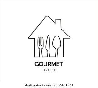 Continuous one line of Dining house with Spoon, knife and fork. Gourmet house.  Food Center, Food Court, Cafeteria Service, Canteen or Restaurant Sign. Spoon, knife and fork one line vector icon.