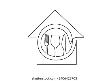 Continuous one line of Dining house with Spoon, knife and fork. Gourmet house. Food Center, Food Court, Cafeteria Service, Canteen or Restaurant Sign.
