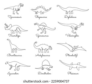 Continuous one line dinosaur. Prehistoric animals, jurassic dino monsters. giant reptiles vector illustration set. Giant creatures, ancient reptiles as tyrannosaur, stegosaurus and diplodocus