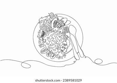 A continuous one line of dishware, Spoon, dish, fork and vegetable salad, Cartoon doodle hand drawing isolated on white background, Vector Illustration design
