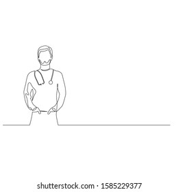 Continuous one line doctor man with phonendoscope hold hands in pockets. Vector stock illustration.