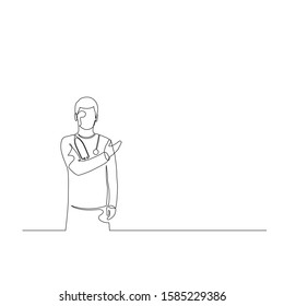 Continuous one line doctor man with phonendoscope point to empty space, copyspace. Vector stock illustration.