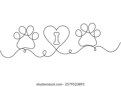 Continuous one line dog paw with black and white vector image