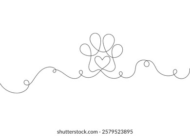 Continuous one line dog paw with black and white vector image