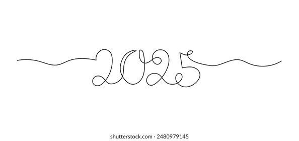 Continuous one line doodle drawing of new year 2025. Holiday concept, festive New year handwriting text, minimalist design. Editable stroke.