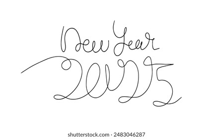 Continuous one line doodle drawing of new year 2025. Holiday concept, festive New year handwriting text, minimalist design. Editable stroke.