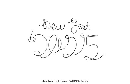 Continuous one line doodle drawing of new year 2025. Holiday concept, festive New year handwriting text, minimalist design. Editable stroke.