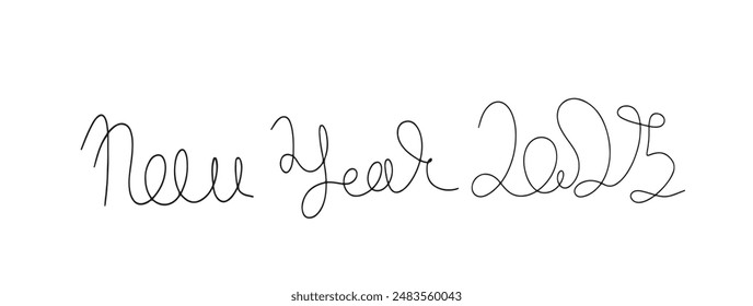 Continuous one line doodle drawing of new year 2025. Holiday concept, festive New year handwriting text, minimalist design. Editable stroke.
