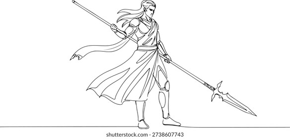 Continuous one line of a dragon slayer holding a spear, drawn illustration.