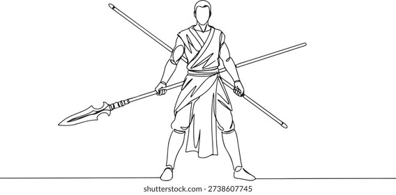 Continuous one line of a dragon slayer holding a spear, drawn illustration.